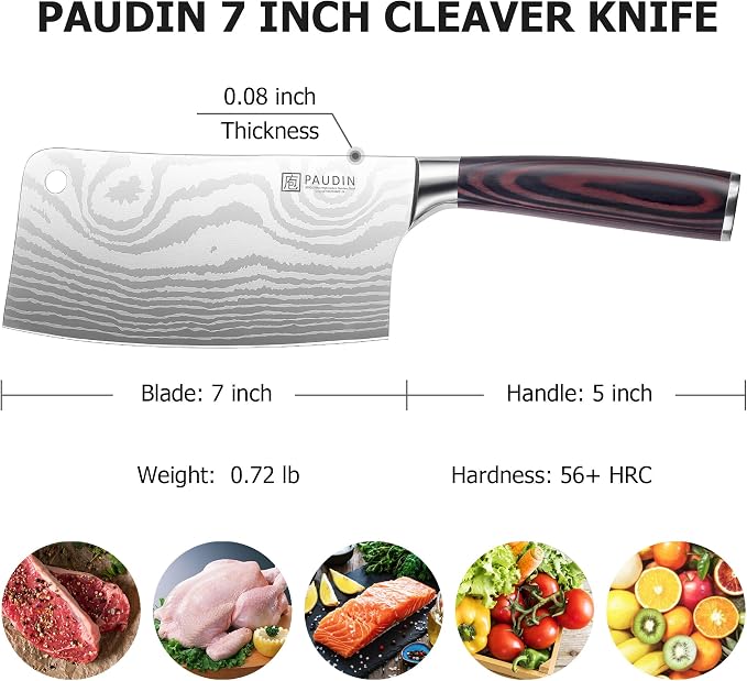 PAUDIN Cleaver Knife, Ultra Sharp Meat Cleaver 7 Inch, High Carbon Stainless Steel Butcher Knife with Wooden Handle, Chinese Cleaver for Meat Cutting Vegetable Slicing