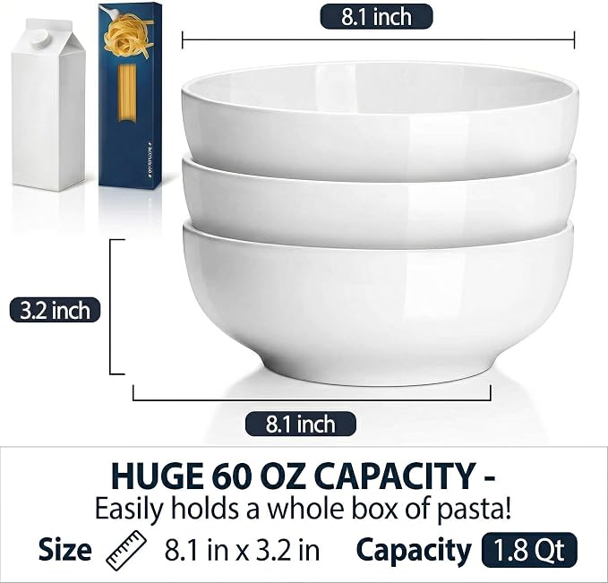 DELLING 60 Oz Large Serving Bowls Set of 3, 8 Inch White Ceramic Mixing Bowls - Soup Salad Pasta Ramen Bowls for Kitchen, Microwave Dishwasher Safe, Porcelain