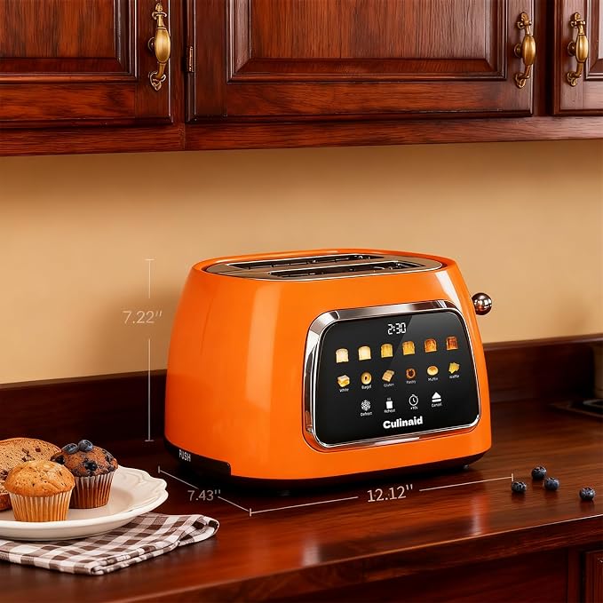Toaster 2 Slice Smart Touch Screen, Retro 1.5'' Extra Wide Slot Stainless Steel Digital Bread Toaster with Memory Function, Bagel, Defrost, 6 Browning Level and Removable Crumb Tray, Orange