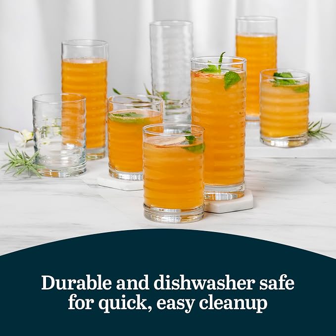 Libbey Pueblo Tumblers and Rocks Glass Cups Set, Wavy and Groovy Drinking Glasses Set of 16, Dishwasher Safe Modern Glassware for Everyday Use