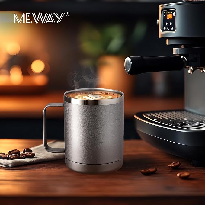 MEWAY 12oz Coffee Mug With Handle 2 Pack Bulk,Stainless Steel Insulated Travel Tumblers With Sliding Lid,Double Wall Vacuum Camping Cup for Hot & Cold Drinks Tea (Cold Grey,Set of 2)