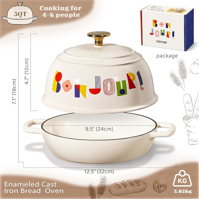 CAROTE Cast Iron Dutch Oven Pot with Lid, 5QT Round Bread Oven, Bonjour | Homemade Sourdough Bread Baking, Healthy & Non-Toxic, Dual Handles, All Stovetop Compatible, Oven Safe up to 500° F