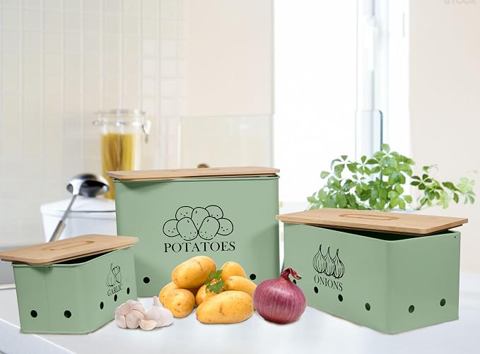 Kitchen Vegetable Storage Tins Set of 3 for Potato Onion & Garlic with Wooden Lid and Aerating Holes, Kitchen Storage Canisters Set, Vintage Kitchen Decor - Green