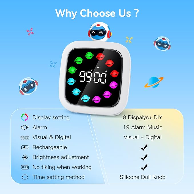 Digital Visual Timer for Kids, 99-Minute Countdown, Rechargeable | 19 Music Alarm, Pause Function, 9 Optional DIY Color Planet Display, Robot Doll, for Study, Homeschool, Kitchen