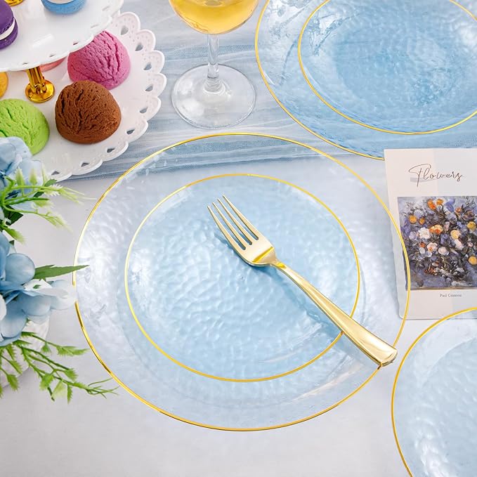 Rubtlamp 175 Pcs Plastic Dinnerware Set (25 Guests), Blue Disposable Plates With Gold Rim, Hammered Party Plates Set Include Dinner Platos, Dessert Platos, Cups, Cutlery And Napkins for Party