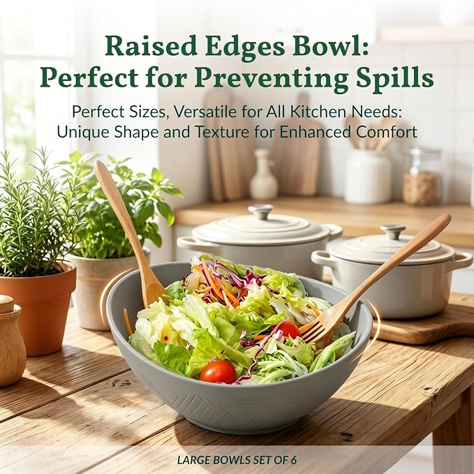 Wheat Straw Bowls, Large Salad Bowls Set of 6-60 OZ Serving Bowl for Kitchen, Camping, Party - Unbreakablke Microwave and Dishwasher Safe Big Cereal Bowl, Large Soup Bowl - Grey