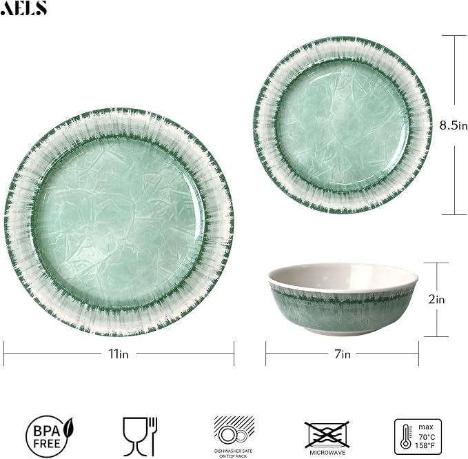 Melamine Dinnerware Set of 18 Pcs Dinner Dishes Set, Lightweight Unbreakable for Indoor and Outdoor Use, BPA Free, Dishwasher Safe, Sage Green