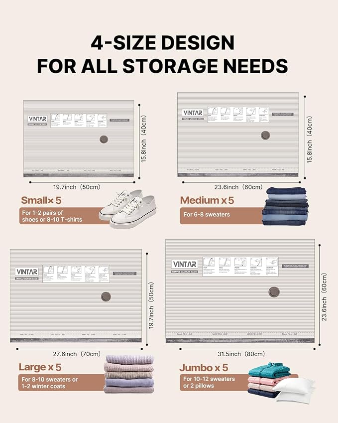 VINTAR 20 Pack Vacuum Seal Bags for Clothing Travel with Wireless Pump | Rechargeable Cordless Pump, Triple-Seal Leak-Proof, 20-Pack 4 Sizes (5J+5L+5M+5S) for Travel Luggage, Suitcase, Home Storage