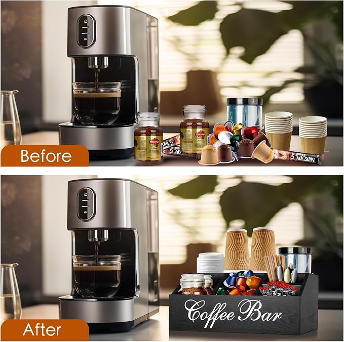 Wood Coffee Station Organizer for Counter | Farmhouse Coffee Bar Organizer | Coffee Pods Holder Bar Accessories | Tea Condiment Storage Basket | Home Decor