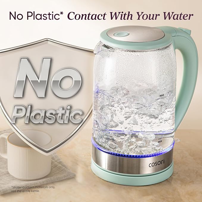 Cosori Electric Kettle, No Plastic Contact with Water, 1.7L, Green | Wide Opening, Easy to Clean, Auto Shut-Off, Boil-Dry Protection, Tea Kettle, Hot Water Boiler, Borosilicate Glass, 1500W