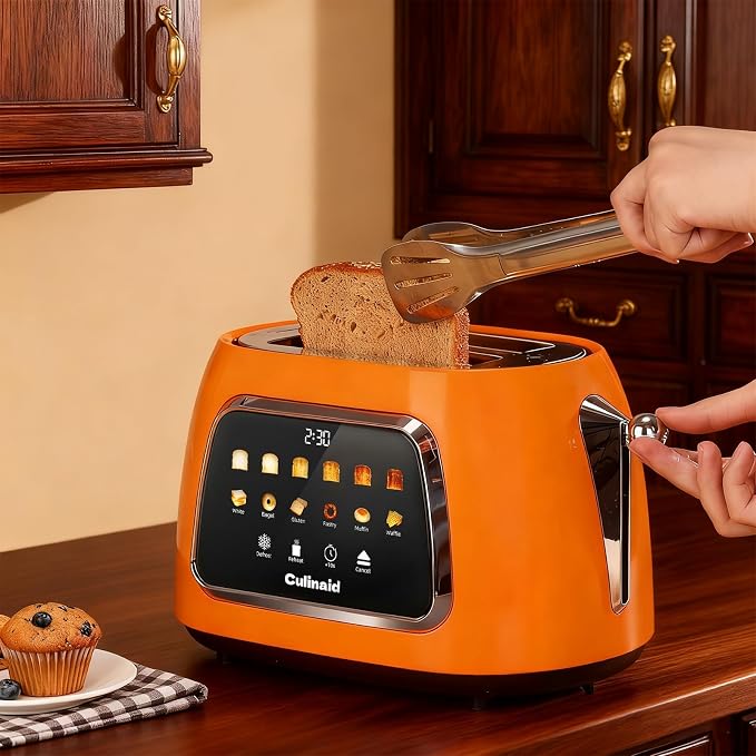 Toaster 2 Slice Smart Touch Screen, Retro 1.5'' Extra Wide Slot Stainless Steel Digital Bread Toaster with Memory Function, Bagel, Defrost, 6 Browning Level and Removable Crumb Tray, Orange