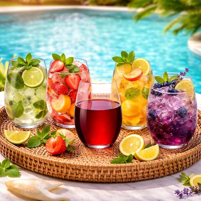 36 Pack Disposable Wine Glasses 10 oz Clear Stemless Plastic Cups | Reusable Wine Cups, Shatterproof BPA-Free Recyclable, Unbreakable Cocktail Glasses for Parties, Weddings, Pool, Outdoor