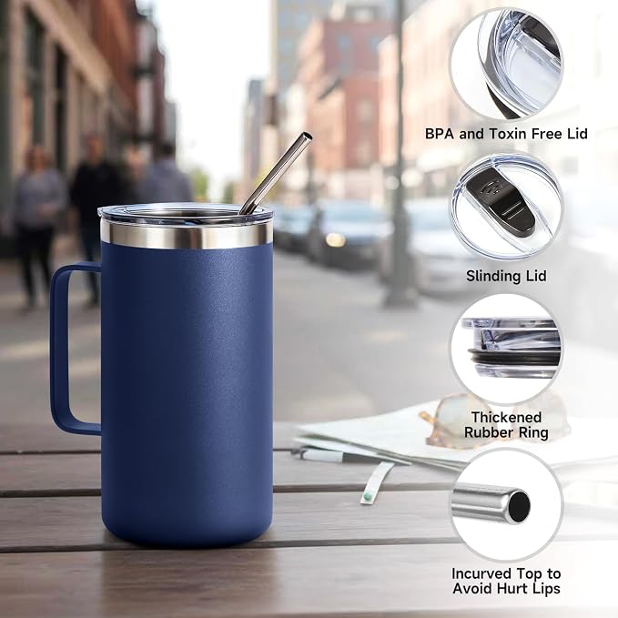 Volhoply 22oz Insulated Stainless Steel Coffee Mugs with Leakproof Lid Bulk 2 Pack,Double Wall Vacuum Travel Coffee Cup with Handle,Reusable Metal Tumbler,Camping Mug Keep Hot&Cold(Navy,2)
