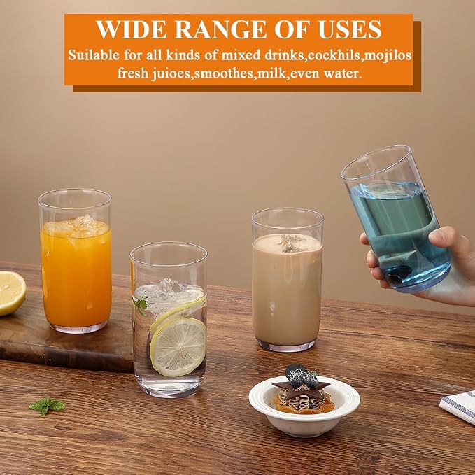 Berglander Highball Glasses Set 4pc, 14 oz Tall PET Clear Plastic Drinking Collins Glasses, Reusable Water Glass Cups, Bar Glassware Tumbler for Beverage, Beer, Juice, Milk, Mojito, Cold Drink