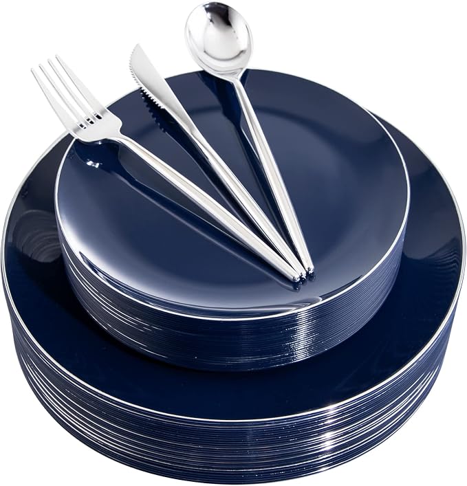 150Pcs Blue Plastic Plates, Disposable Plates with Silverware Set | Navy Blue Plastic Plates set Include 30 Dinner Plates10.25’’,30 Dessert Plates7.5’’,90 Silver Silverware Set for Party