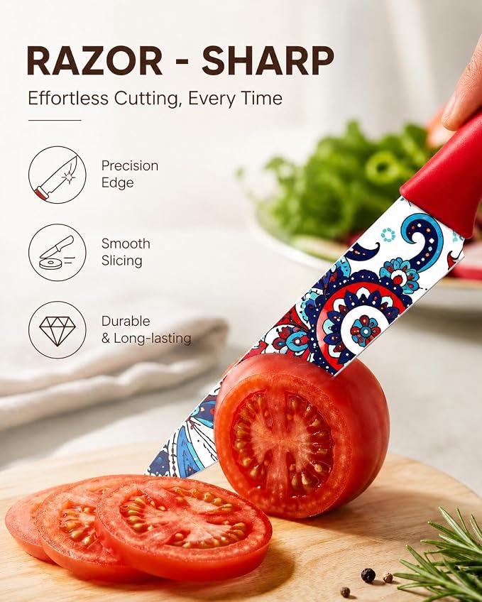 Astercook Paisley Pattern Knife Set with Cover | Dishwasher Safe, 6 Knife Sheath, German Stainless Steel, Rainbow Colorful Design