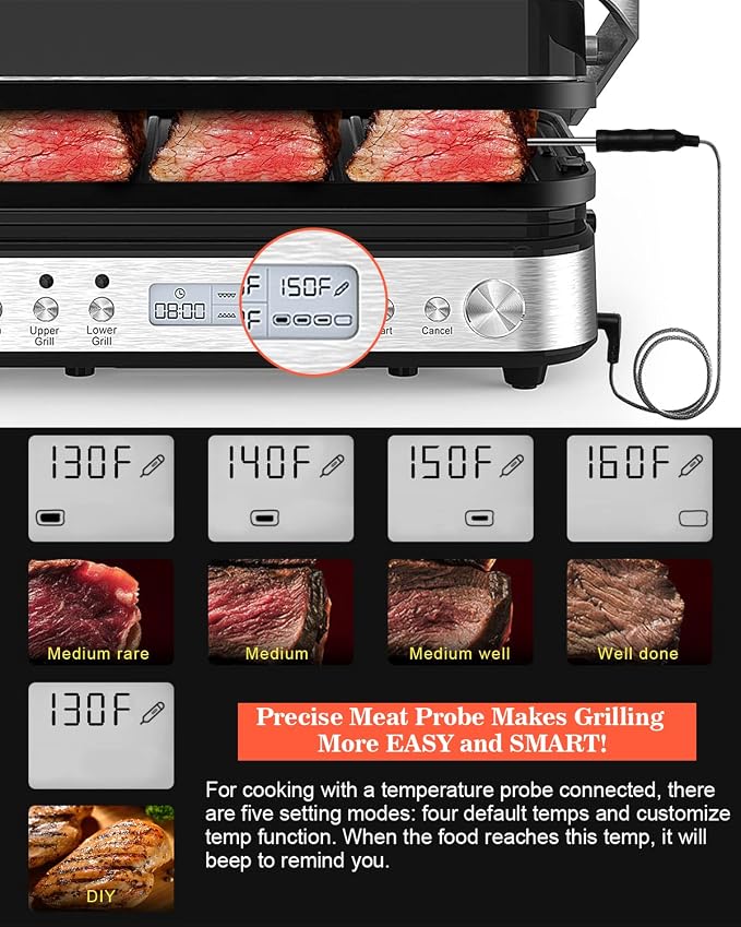 CATTLEMAN Panini Press Grill Sandwich Maker with Removable Plates, 1600W, 5 in 1 Smokeless Indoor Grill & Griddle with Meat Thermometer, Electric Contact Grills for Kitchen, Stainless Steel