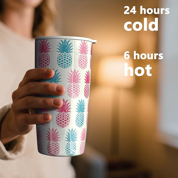 TILUCK 20 oz Insulated Coffee Tumbler with BPA-Free Lid | Travel Coffee Mug, Dishwasher Safe, Cup Holder Friendly, Double-Wall Vacuum Insulation for Hot & Cold Drinks,Pineapple