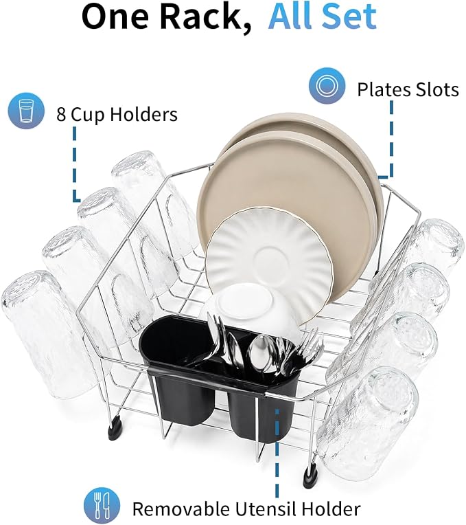 Small in Sink Dish Drying Rack - Stainless Steel Compact Inside Sink Dish Drainer for RV Kitchen Apartment Sink, Rust Resistant Kitchen Organizer for Plates, Bowls in Sink, 11.6" W x 13.4" L, Silver
