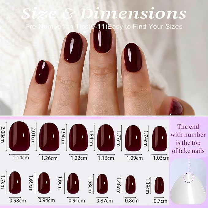 Dark Red Short Press On Nails, Oval Fake Nails with Nail Glue | Short Oval Fake Nails, Apply Protective UV coating,Salon Quality Nails in 12 Sizes - 24 Nail Kit with Glue