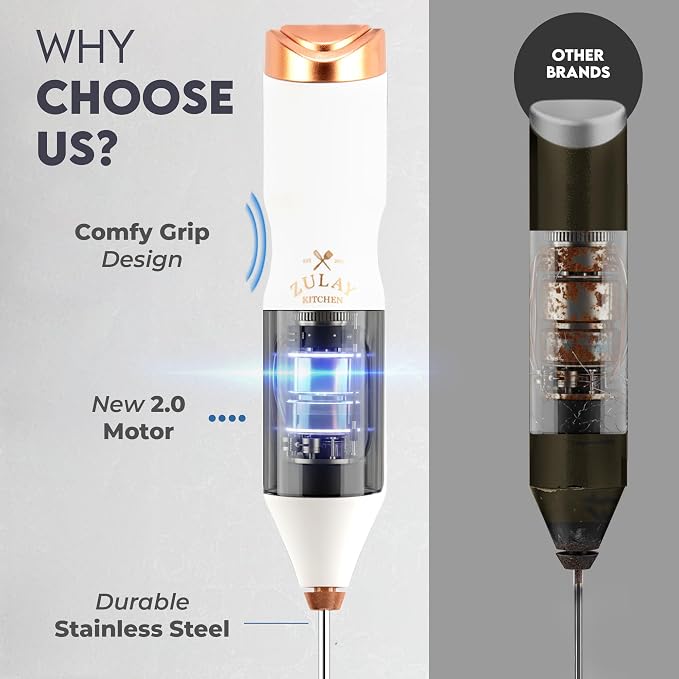 Zulay Kitchen Powerful Frother Wand AA Batteries Included, Ultra Fast Handheld Drink Mixer, Comfort Milk Frother, Stainless Steel Whisker, Frother Handheld for Coffee, Protein & Matcha - Frothmate 2.0