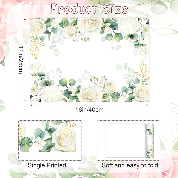 Paper Placemats Disposable 50 Pack Floral Placemat Disposable Place Mats | Spring Summer Decorative Wedding Anniversary Bride Birthday Party Supplies White Rose