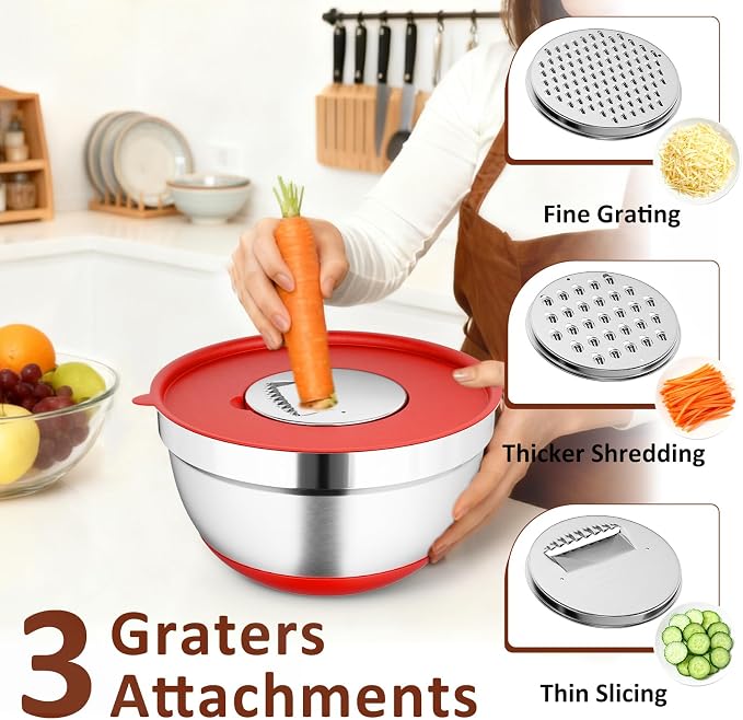9 Pack Mixing Bowls with Airtight Lids & Grater Attachments, Multi | Stainless Steel Bowl, Non-slip Bases, Nesting Kitchen Bowl, Size 5, 4, 3, 2, 1.5,1QT,for Food Prep, Baking, Storage & Serving