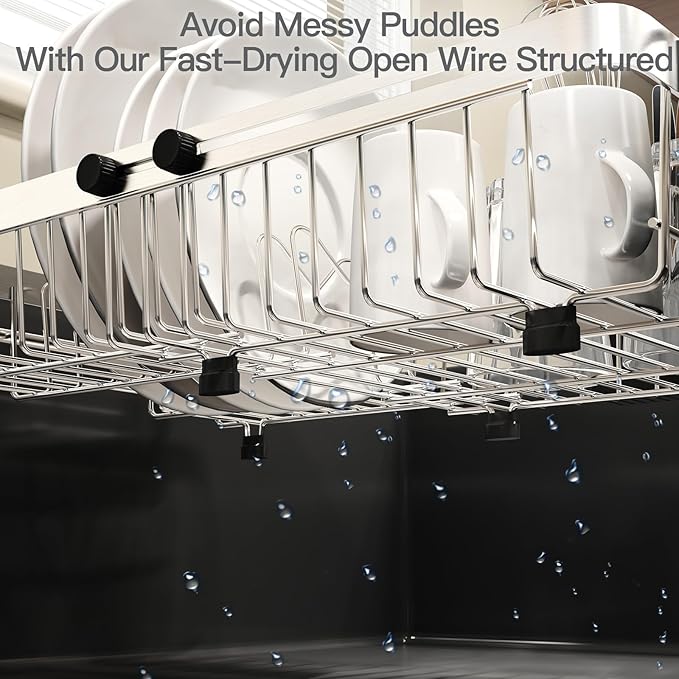 Dish Drying Rack Over The Sink with Utensil Holder, Mat | Expandable Stainless Steel Dish Drainer for Small Kitchen, Apartment, RV, Counter Space Saving, Perfect Fit, Rustproof
