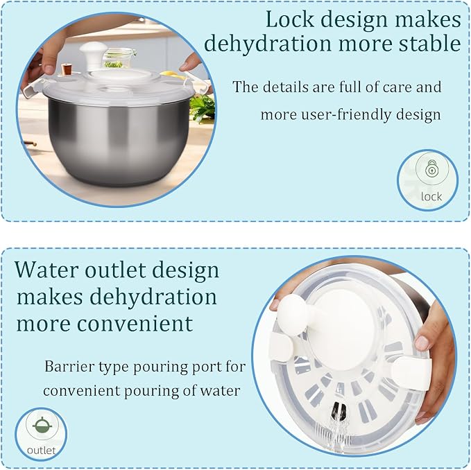 6L-Stainless Steel Salad Rotator, Non-Slip Base, Vegetable Dishwasher, Multi-Use Lettuce Spinner, Kitchen Strainers.