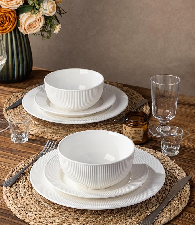 Ceramic Dinnerware Set for 4, 12-Piece Plates and Bowls Set | Lightweight Porcelain Dish Set, Scratch Resistant, Oven & Microwave & Dishwasher Safe, Bright White