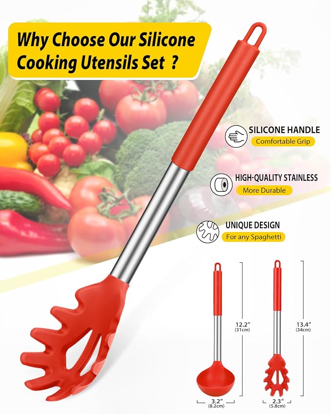 BUNDLEPRO Silicone Pasta Fork and Ladle Spoon Set, 2 Pack, Red | Large Non Stick, High Heat Resistant Kitchen Utensils for Cooking,Stirring,Serving Spaghetti, Soup, Sauce