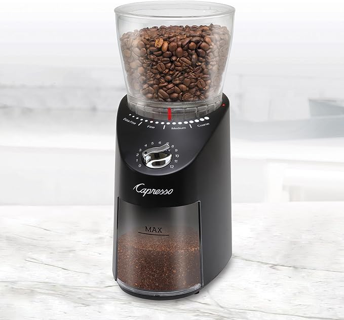 Capresso Infinity Plus Conical Burr Grinder, Black | Commercial-grade steel burrs, 16 settings, low-speed gear motor