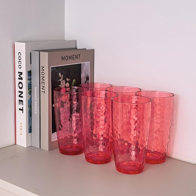 Yalin 20 Ounce Acrylic Drinking Glasses, Reusable Plastic Tumbler, Stackable, BPA-Free, Shatter Proof, Dishwasher Safe, Set of 6 Cups (Red)
