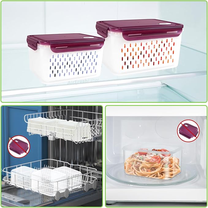 4Pack Fruit Storage Container for Fridge with Colander and Vent - Purple | 8 Pieces BPA Free Kitchen Refrigerator Organizers Plastic Fruit Containers for Fridge for Fruit Berry Salad Lettuce