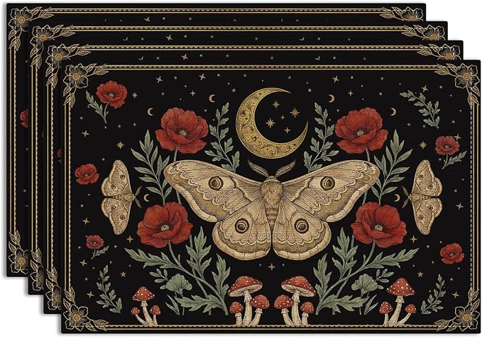 Black Poppy Moth Moon Placemats Set of 4, Floral Spring Table Mats | Outdoor Home Party Kitchen Dining Decor, Washable Non-Slip Heat Resistant Place Mats, Gothic Gifts for Women Mom Friend