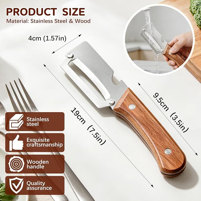 Left & Right Hand Vegetable Peeler Set with Bottle Opener, Thickened Stainless Steel Wide Blade for Smooth Peeling, Wooden Handle Kitchen Peeler for Fruits & Vegetables
