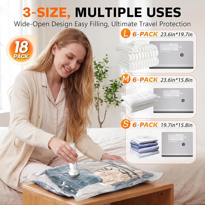 9 Combo Size Vacuum Storage Bags for Travel with Cordless Pump, Space Saver Bags for Clothes, Compression Packing Bags for Luggage