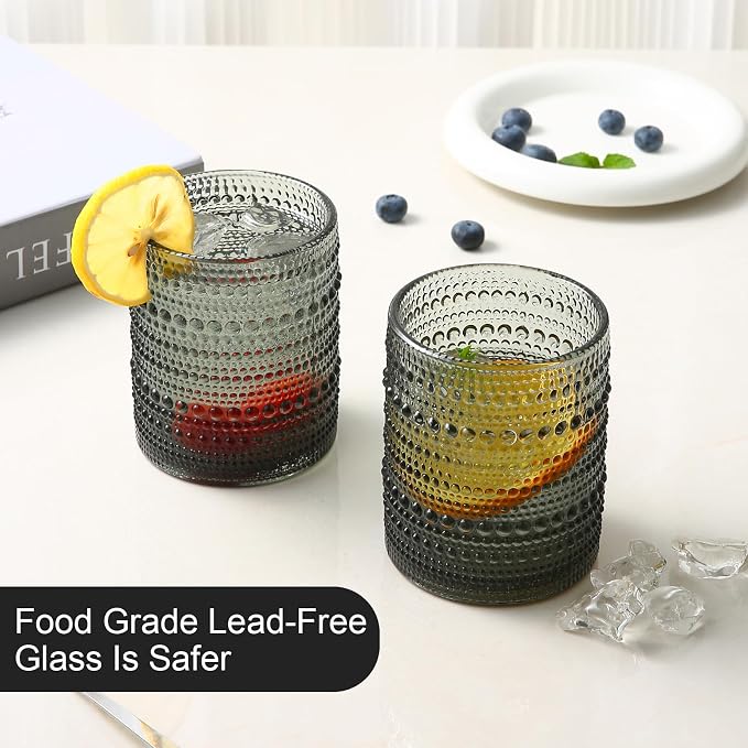 ZMOWIPDL Drinking Glasses Set of 6,12oz Grey Hobnail Glass Cups | Vintage Glassware，Embossed Water Tumbler,for Beer,Cocktail,Whiskey,Juice and Various Mixed Drinks- 1 Cleaning Brush