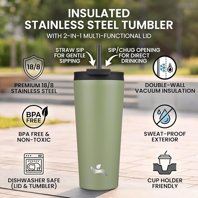 Konokyo 34 oz Insulated Tumbler Water Bottle with Straw Lid, ArmyGreen | Stainless steel insulated tumbler for coffee, water and iced drinks; spill-proof lid, 2 straws, cup-holder friendly