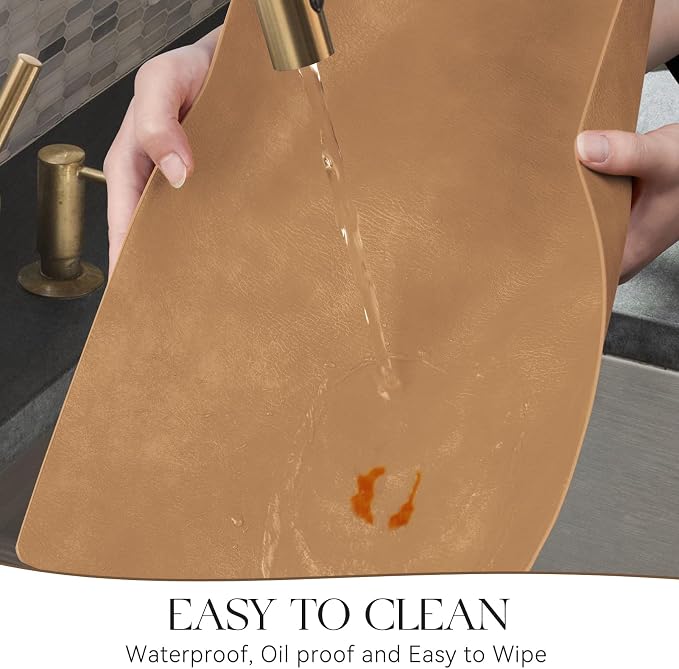 MOSAYT Vinyl Placemats Set of 6-12 X 17 Inch - Faux Leather 100% Waterproof Oil-Proof Wipeable PU Place Mats, Heat Resistant Reversible Table Mats for Kitchen, Dining, Outdoor, Camel