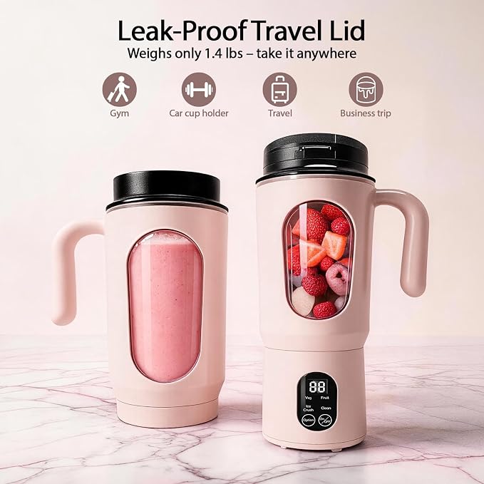 Personal Blender for Smoothies, 580ML USB-C Rechargeable | Portable Blender Cup, 12-Blade Smoothie Maker with Travel Lid, Handle & LED Display for Gym, Office, Travel and Outdoor