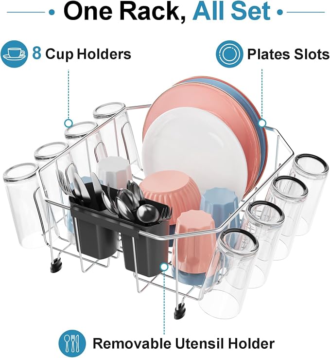 Small in Sink Dish Drying Rack - Stainless Steel for RV Kitchen | Compact Design for Apartments, 1-2 Person, Utensil Holder, Cup Hooks, Angled Corners Fit Square & Round Sinks, 11.6" x 13.4"