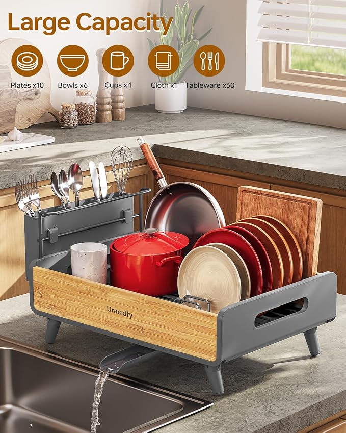 Urackify Modern Dish Rack for Kitchen Counter,Stainless Steel & Bamboo,Grey | Elegant Bamboo Accent, Large Capacity, Self-Draining Spout, Rust-Resistant, Removable Utensil Holder