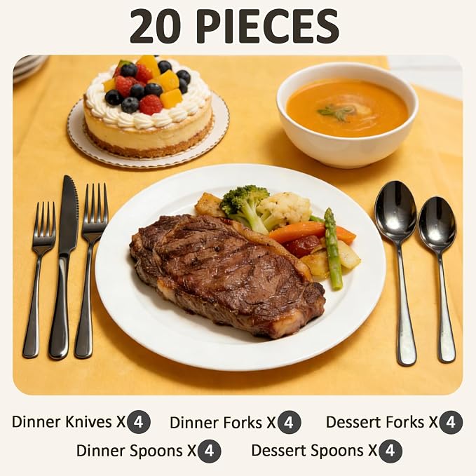 20 Piece Silverware Set, Kitchen Utensils Set for Restaurant & Home, Stainless Steel Cutlery Set, Flatware Set include Forks, Knives, Spoons, Black