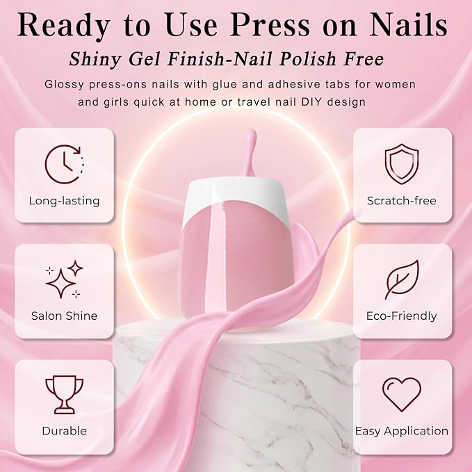 240pc Extra Short Coffin Press on Nails French Tip Fake Nails with Tabs | XS Short Nails Press ons Coffin Glue on Nails Pink Acrylic Nails Stick False Nail Artificial Fingernail for Women Girls