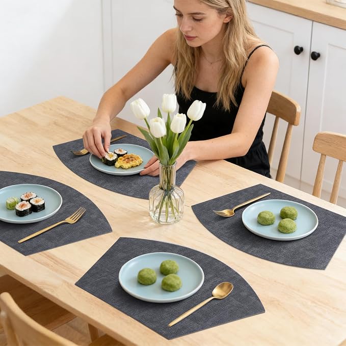 Homaxy Wedge Faux Leather Placemats for Round Table, Set of 4, Dark Grey | Waterproof Wipeable Washable Table Mats, Easy to Clean Anti-Slip Place Mats, 11.8" x 17"