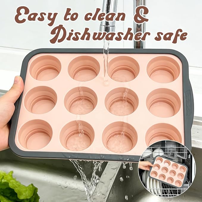 Silicone Muffin Pans for Baking with Metal Frame, 12-Cup Silicone Muffin Pan, BPA-Free Nonstick Coating, Easy Release & Clean, Oven & Dishwasher Safe ,Versatile for Baking, Custards & Cupcakes(Pink)
