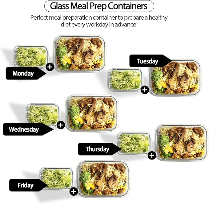 Glass Food Storage Containers with Lids Airtight, Glass Meal Prep Containers with Snap Lids for Food, Bpa-free,Easy to Open&Close/Microwave,Oven,Freezer,Dishwasher Safe/Leak-proof [10 Pack]