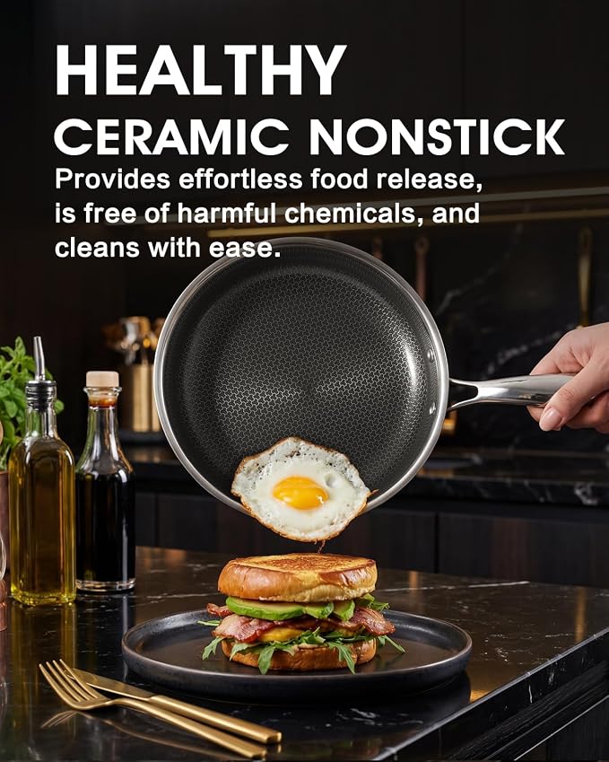 Stainless Steel Non Stick Frying Pan with Lid - PFOA Free | Induction Compatible | Oven & Dishwasher Safe | Stay Cool Handle | Versatile for All Stovetops | Gift