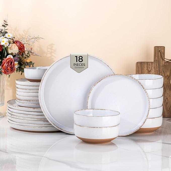AmorArc Dinnerware Sets for 6, 18 Pieces Ceramic Plates and Bowls Set | Scratch Resistant Stoneware Dishes Set, Dishwasher & Microwave Safe,White